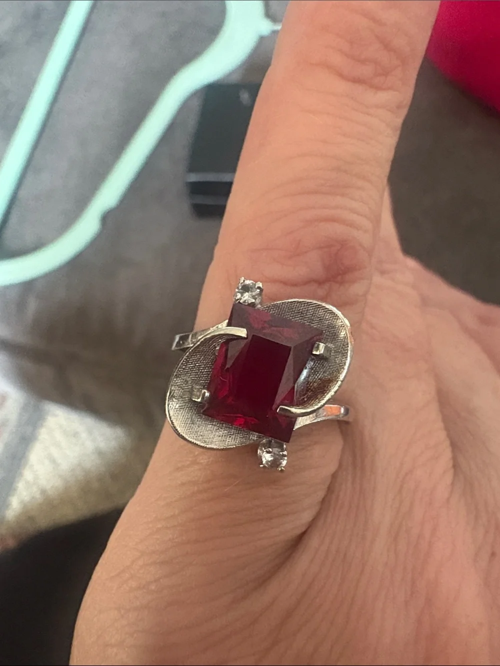 Vintage Signed A&Z 10K White Gold Lab Ruby Cocktail Swirl Ring